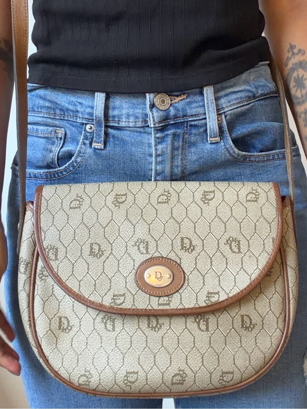 Dior Beige Monogram Crossbody with Brown Trim